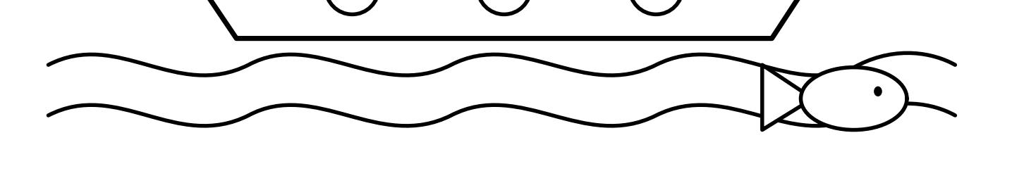 Curved wave lines and a small fish beneath the hull