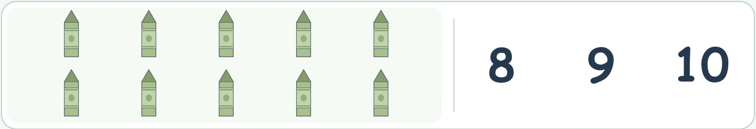 Ten green crayon pictures in two lines of five with choices 8, 9 and 10