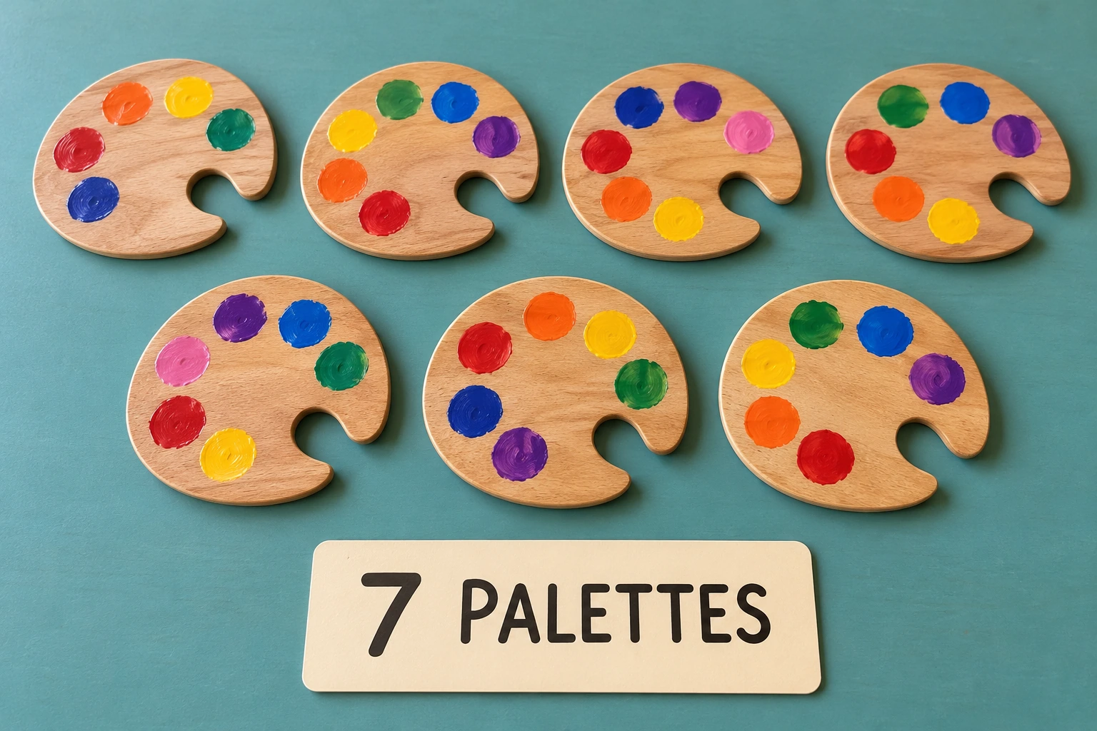 Seven wooden paint palettes in four-and-three formation beside a 7 PALETTES card