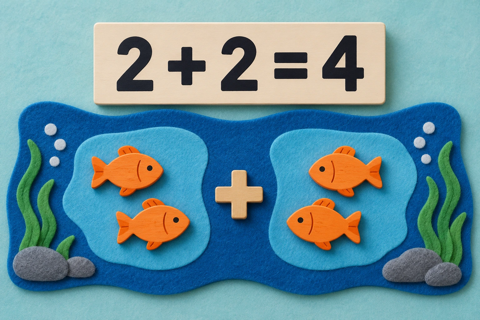 A felt seascape gives equals a spoken explanation Two wooden fish in each felt zone beside a 2 + 2 = 4 board