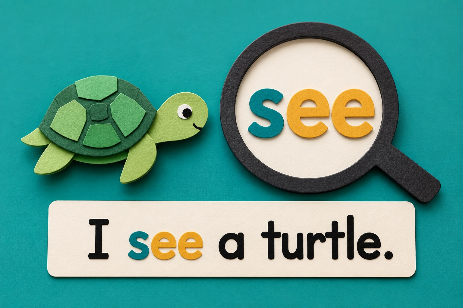 A filled observation message keeps the double-e word explicit Paper turtle with magnifier beside see card and I see a turtle strip