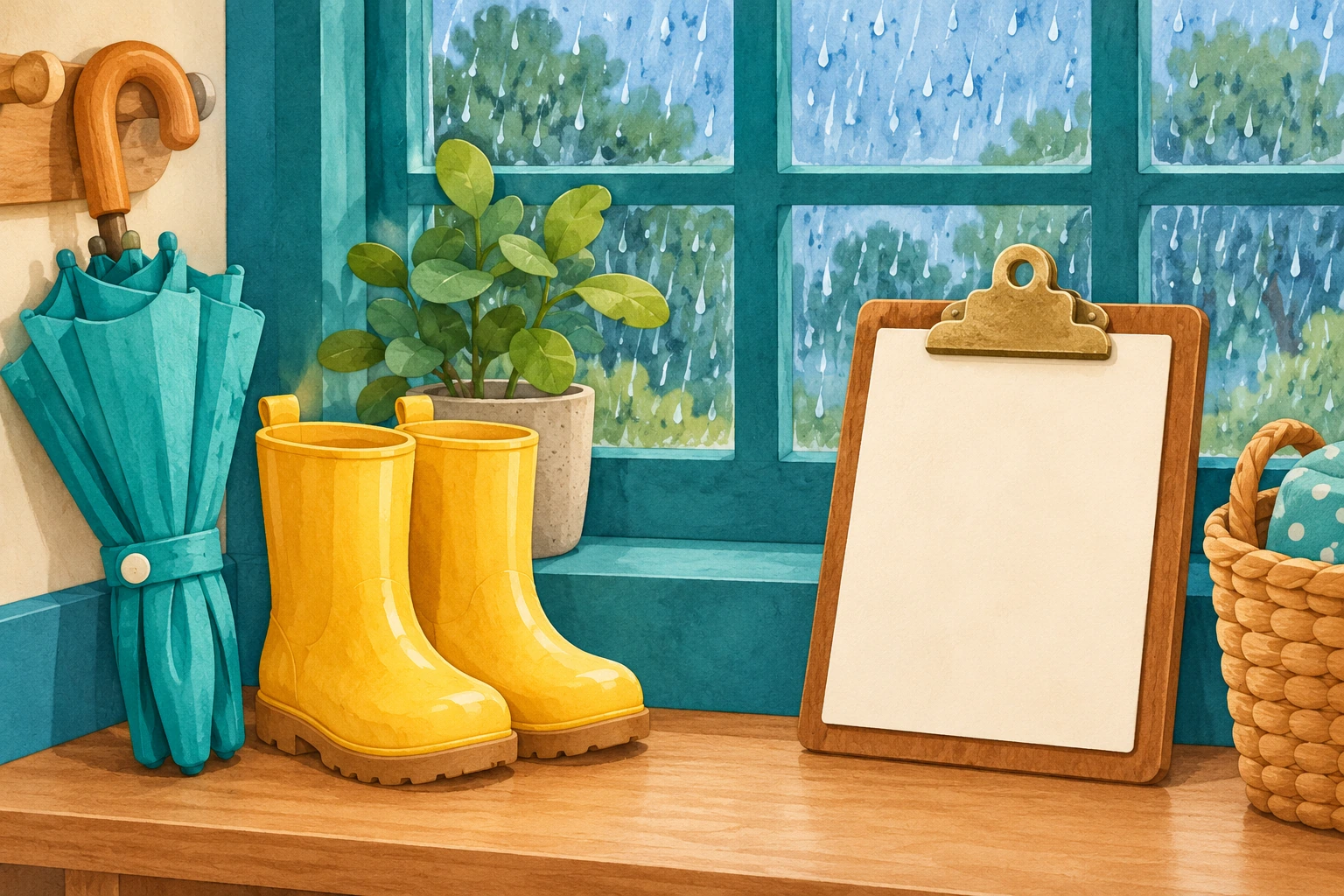 A pretend rainy-day register waits for a checked amount Folded teal umbrella, yellow boots and blank clipboard beside a rainy window