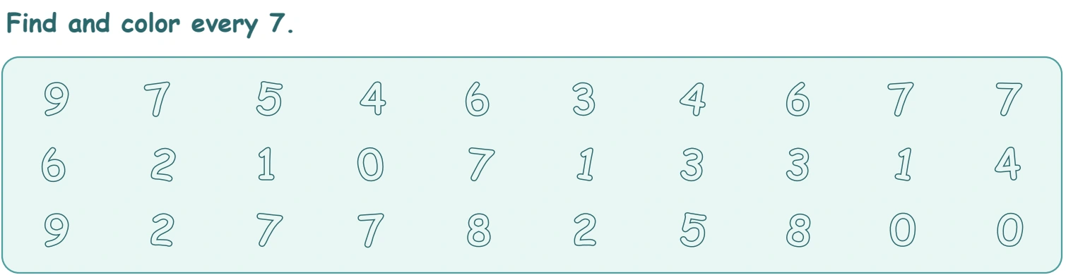 Adjacent sevens need separate checks in the register Thirty outlined numerals with six 7 targets, including adjacent targets in the top and bottom rows