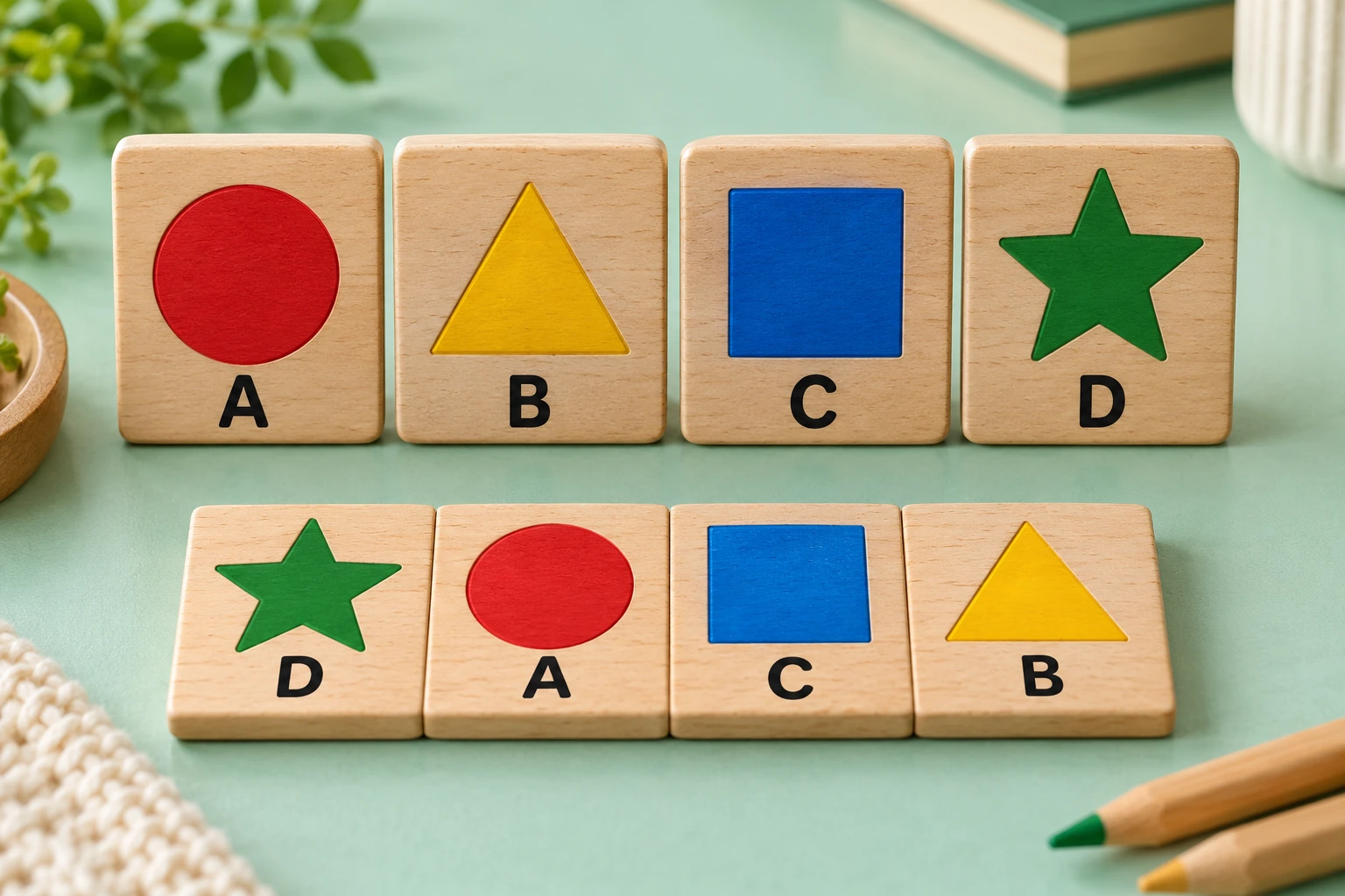 Circle A, triangle B, square C and star D tiles accompany a complete D-A-C-B code strip.