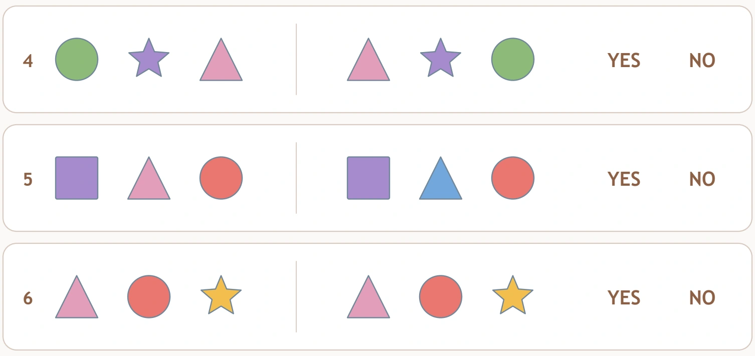 Shape Twin Comparisons: final three shape pairs The lower rows include reversed outer shapes, a triangle colour change and a fully matching pair.