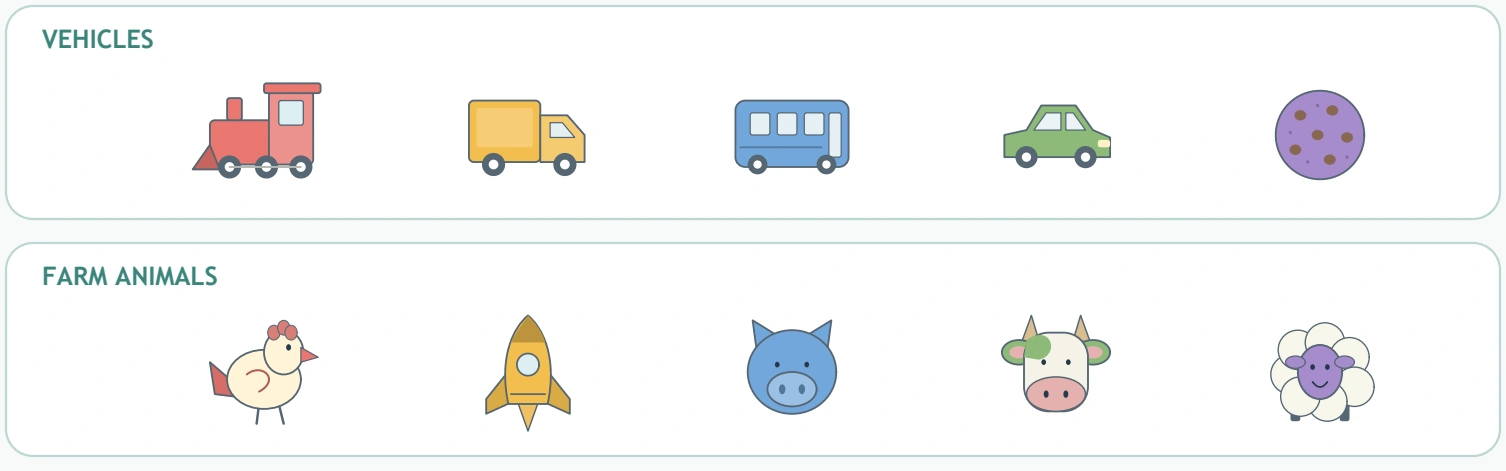 VEHICLES and FARM ANIMALS open the page with a cookie and rocket among their respective candidates.