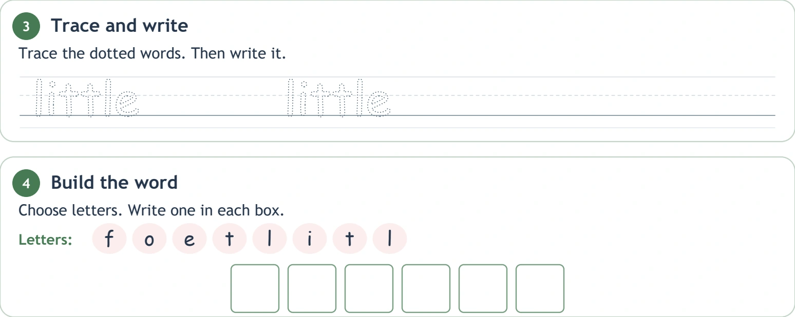 Repeated letters belong in the longer spelling little Eight letter choices above six empty little-word boxes