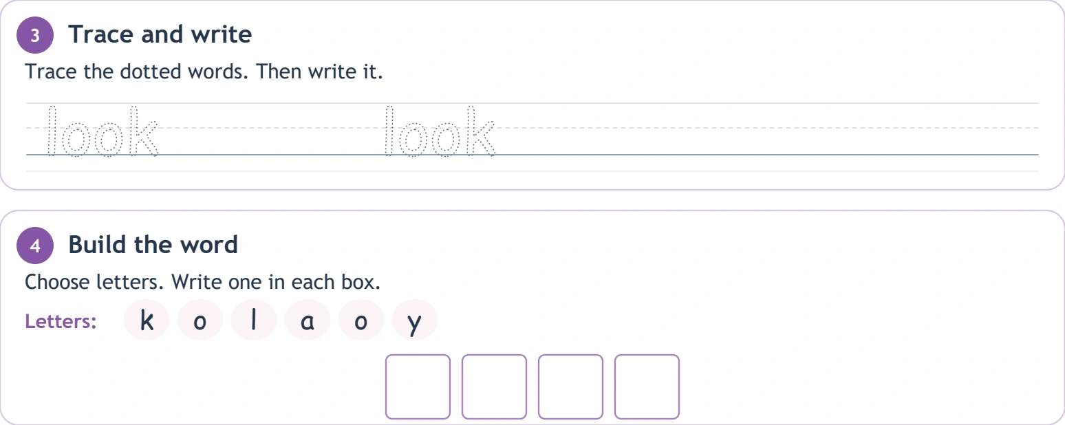 Two adjacent o letters stay visible during writing Two dotted look models on handwriting guides
