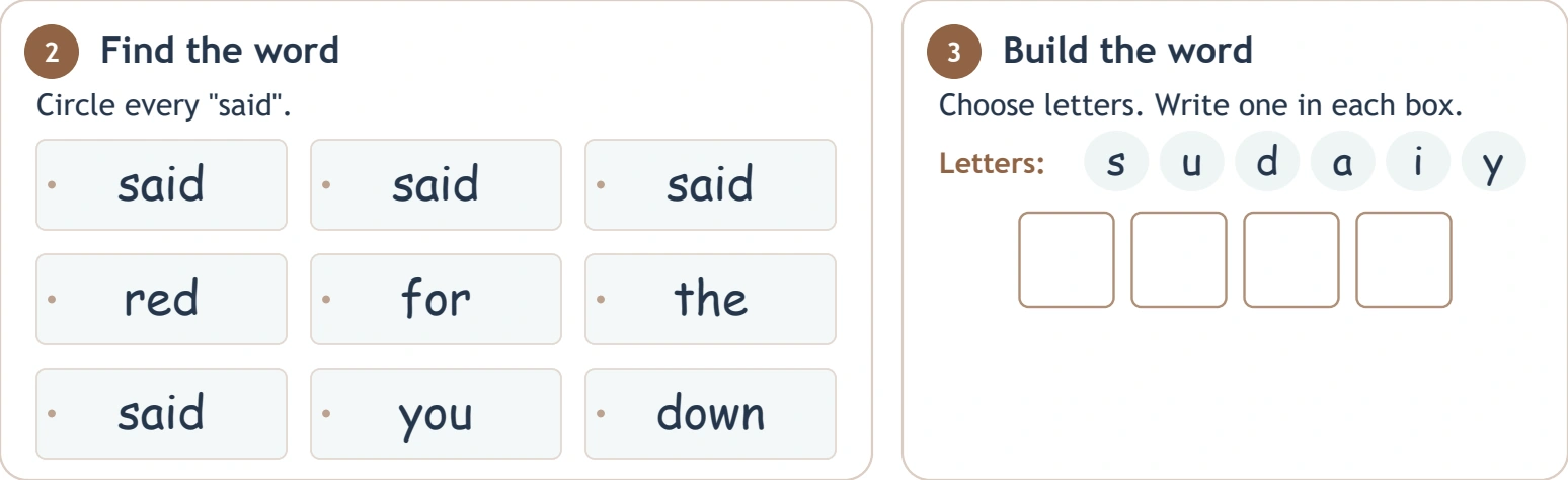 Four letters build the spoken-message word said Letter pool s u d a i y above four spelling boxes