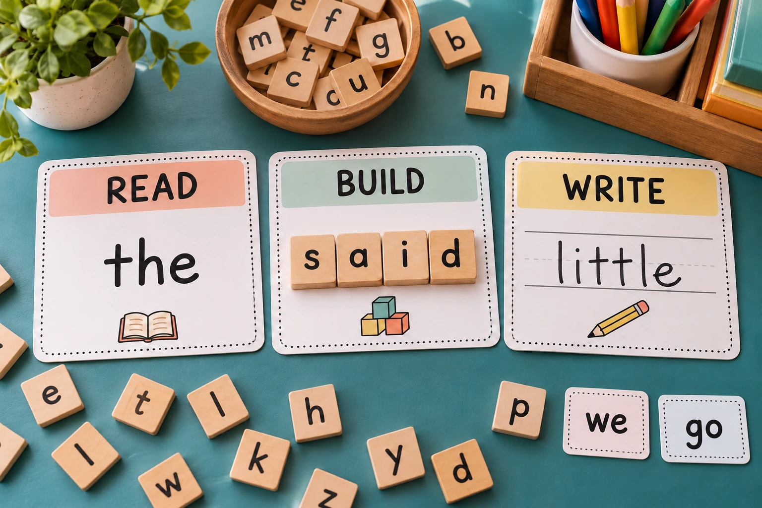 A filled literacy station models three kinds of word work READ the BUILD said and WRITE little cards with we and go nearby