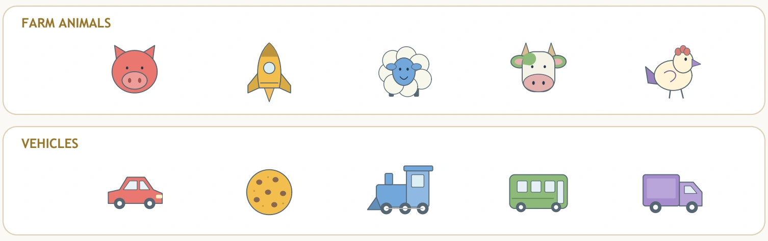 Silly Guest Sorting: farm and vehicle visitors The FARM ANIMALS and VEHICLES rows contrast their members with a rocket and a cookie.