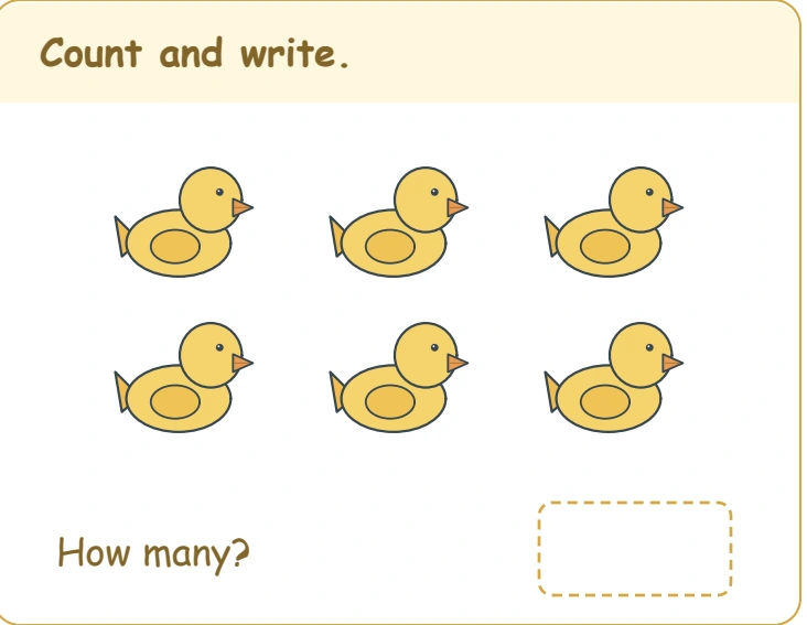 Six small yellow ducks in two rows of three with an empty count-writing box