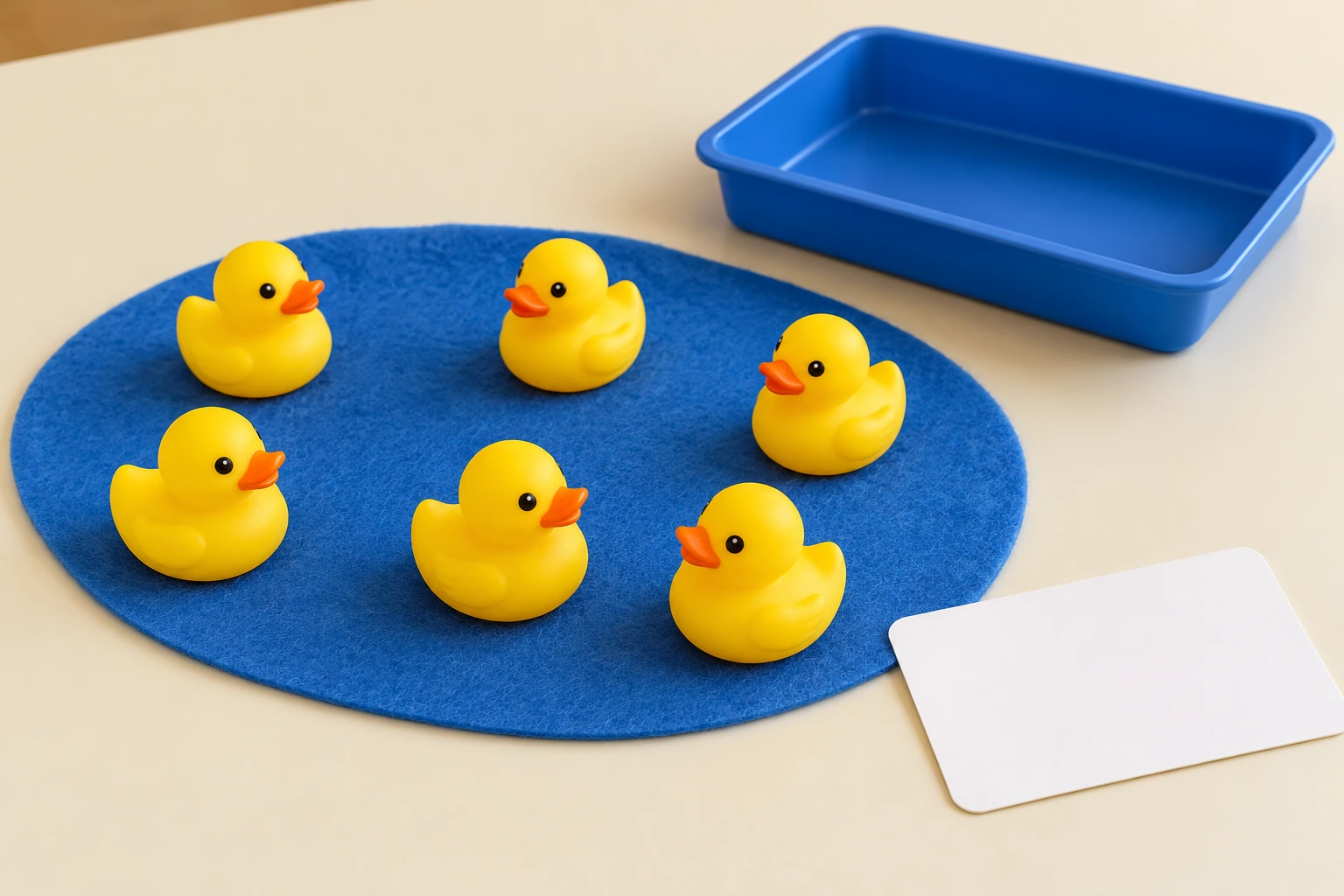 Six yellow toy ducks on a blue felt pond beside an empty tray and blank observation card