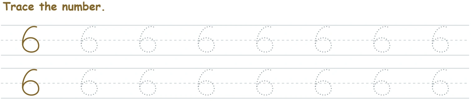 Two guided writing rows showing solid and dotted 6 with a low rounded loop