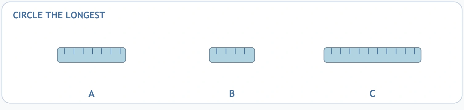 Size Workshop Choices — longest ruler choice The first row asks for the longest of three blue ruler pictures.