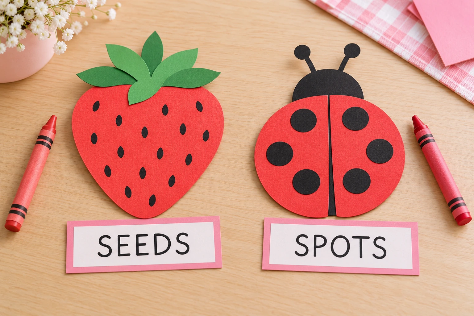 Finished red strawberry seeds and ladybug spots beside readable SEEDS and SPOTS cards