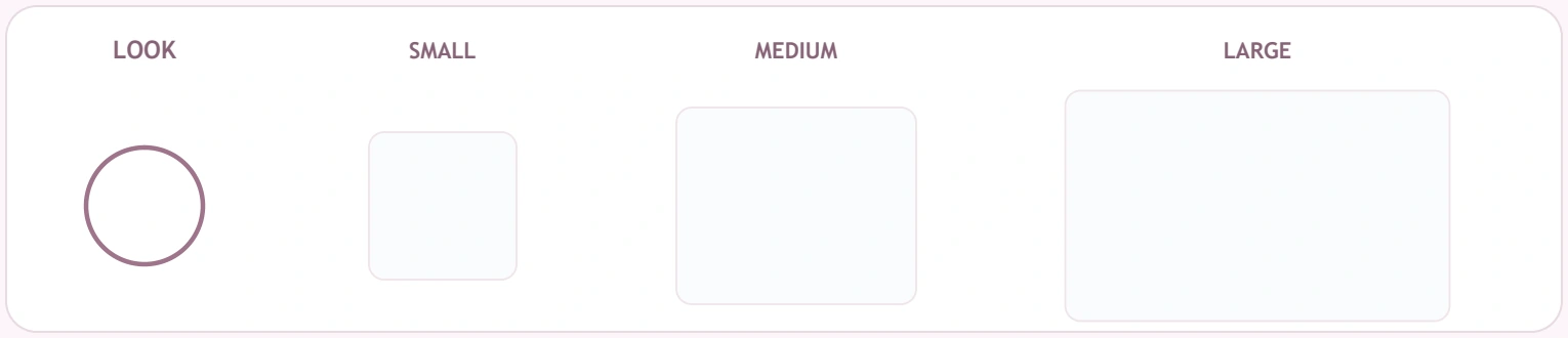 A rounded model with three available spaces Circle model beside small medium and large empty drawing windows