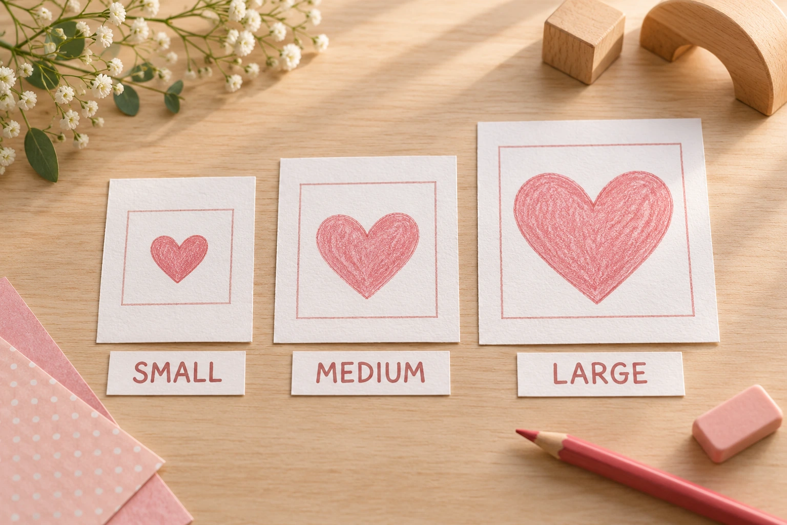 A finished same-shape family for size comparison Three completed red hearts in increasing paper windows labelled SMALL MEDIUM and LARGE
