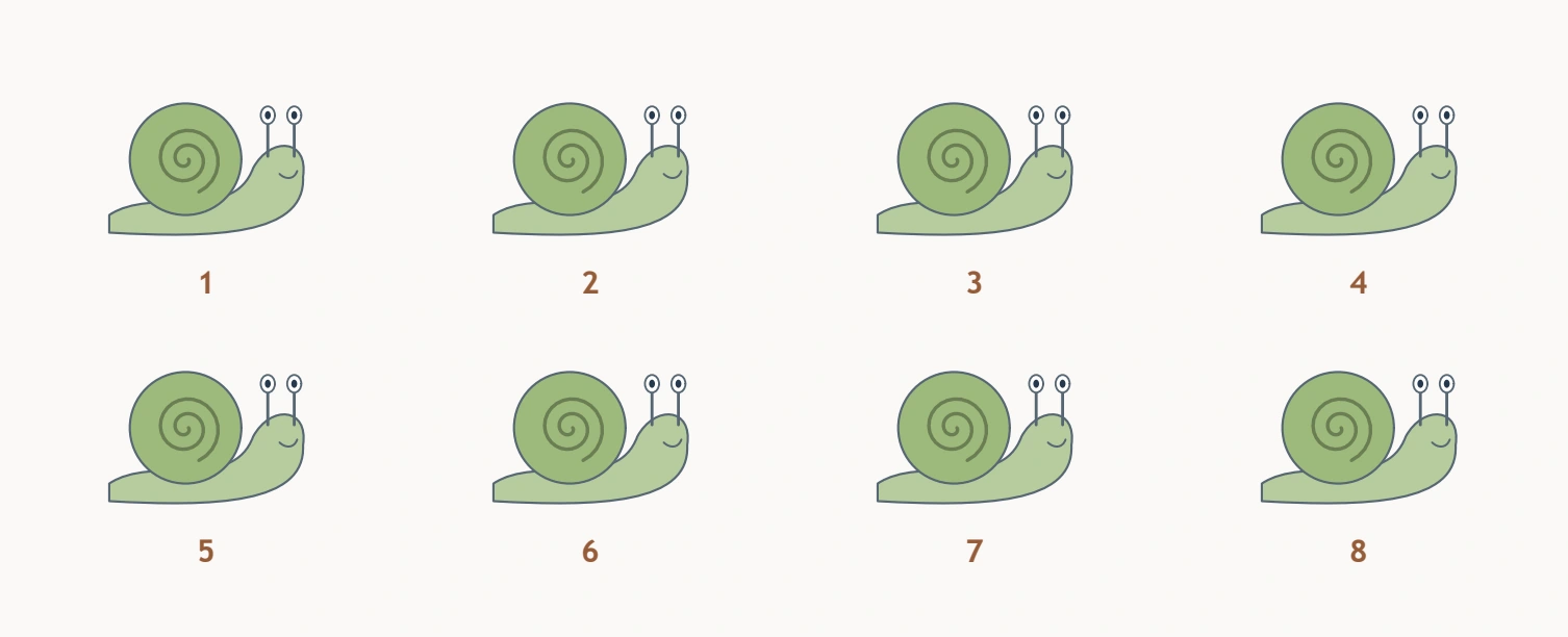 Snail Shell Search — first eight snails The first two rows show eight numbered snails with spiral shells.