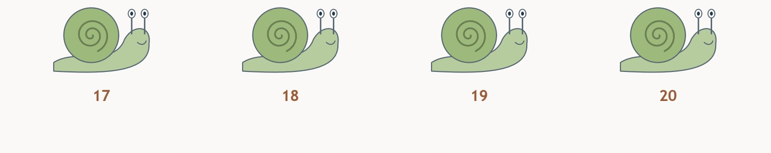 Snail Shell Search — final snail row Numbers seventeen through twenty accompany four more spiral shells.