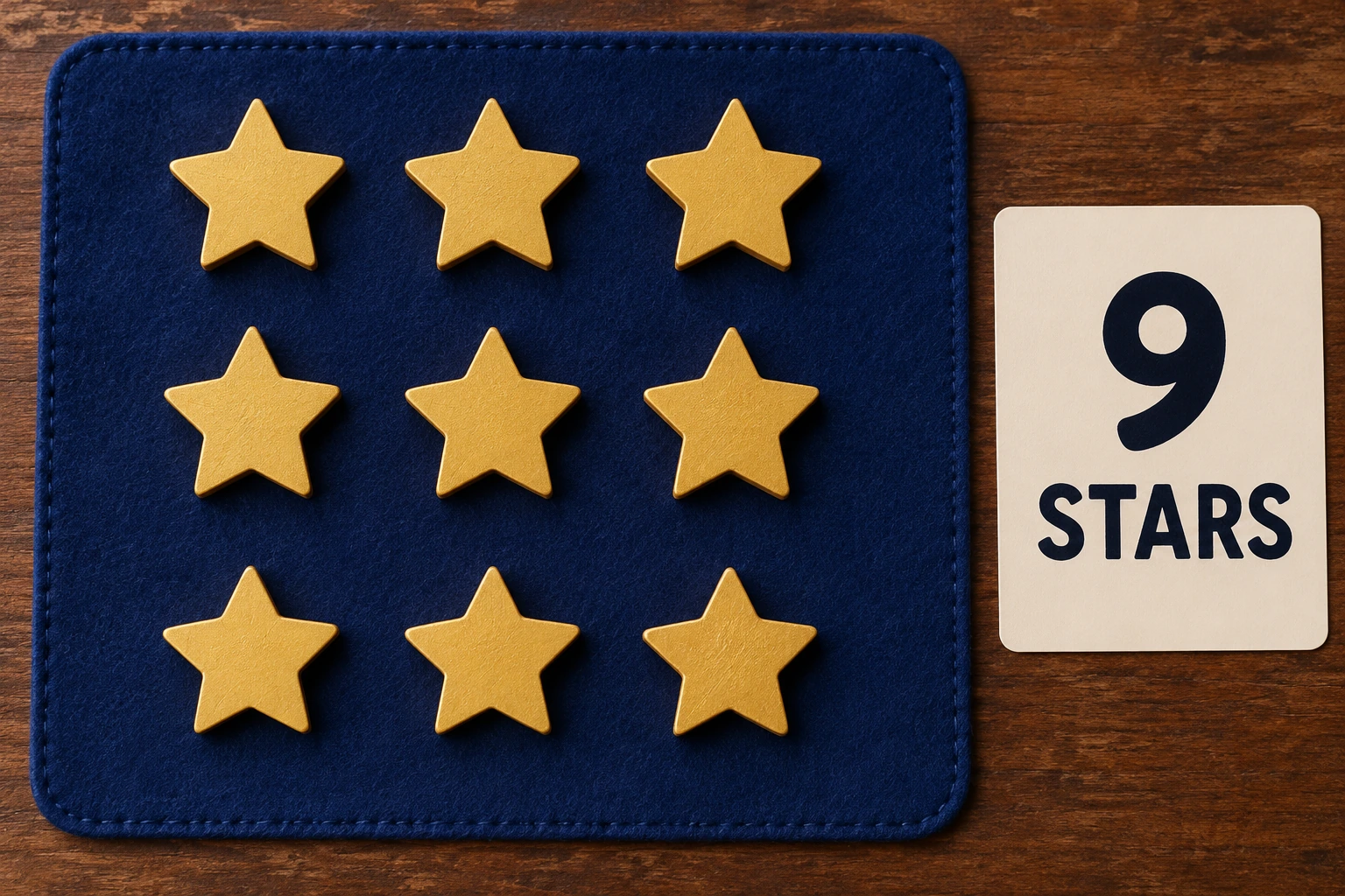 A different star arrangement still totals nine Nine wooden star tokens in a three-by-three arrangement next to a 9 STARS sign