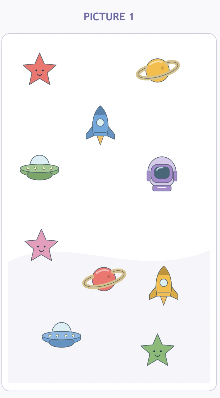 The left picture contains both rockets, two ringed planets and the original red and pink stars.
