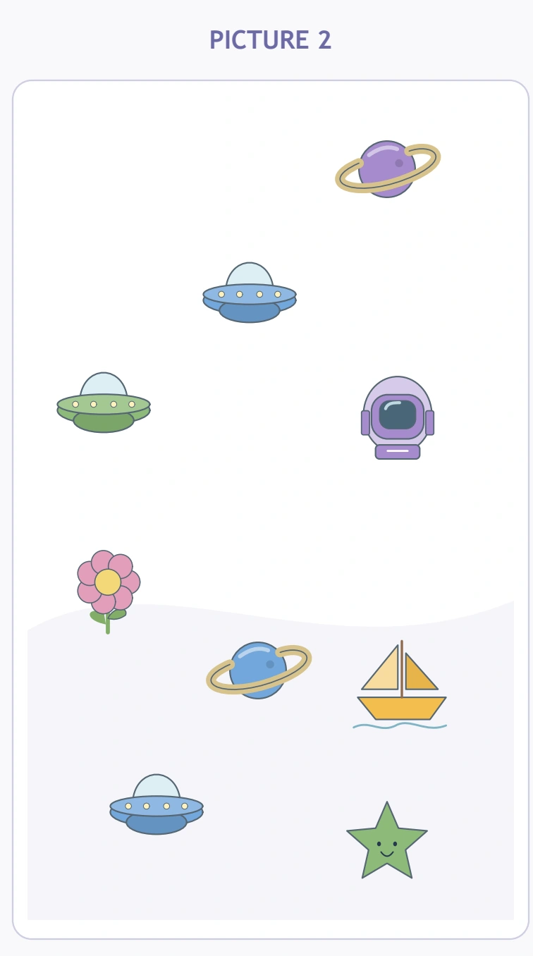 The right picture preserves the changed planet colours, UFO, flower and sailboat among unchanged objects.