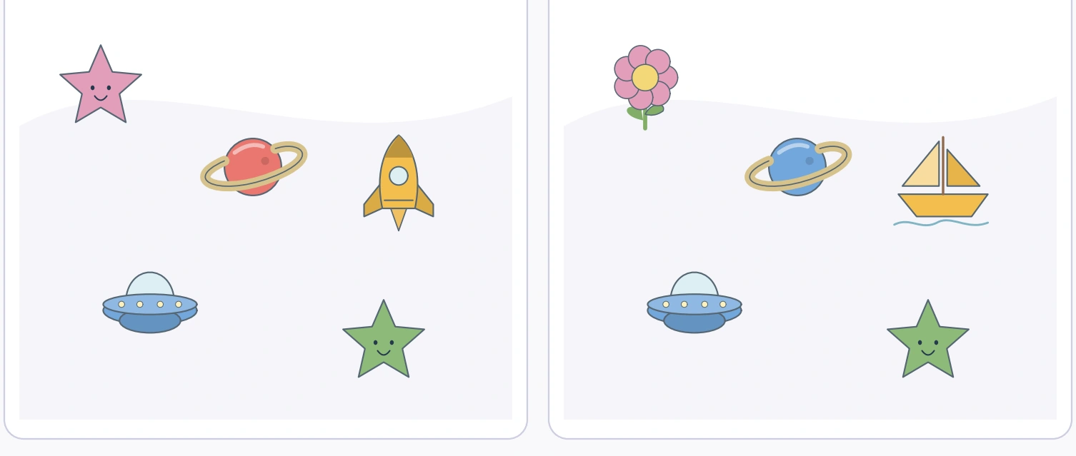 The pink-star replacement, lower planet recolouring and yellow-rocket substitution appear in corresponding positions.