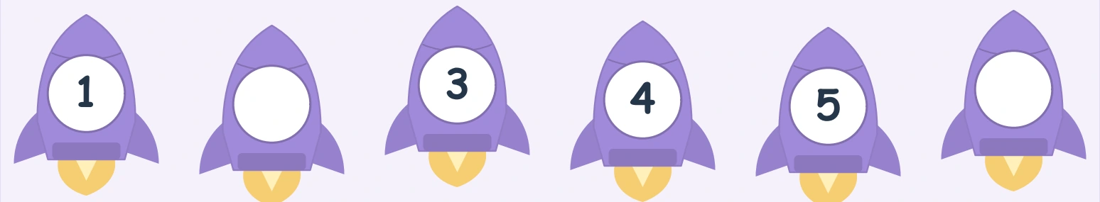 Purple rockets showing 1, 3, 4 and 5 with two blank windows