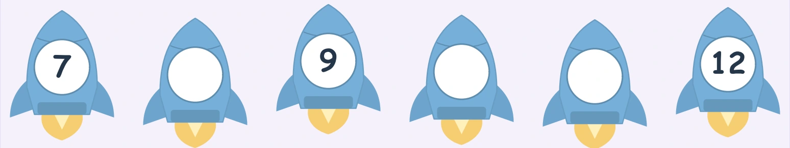 Blue rockets with printed 7, 9 and 12 around missing entries