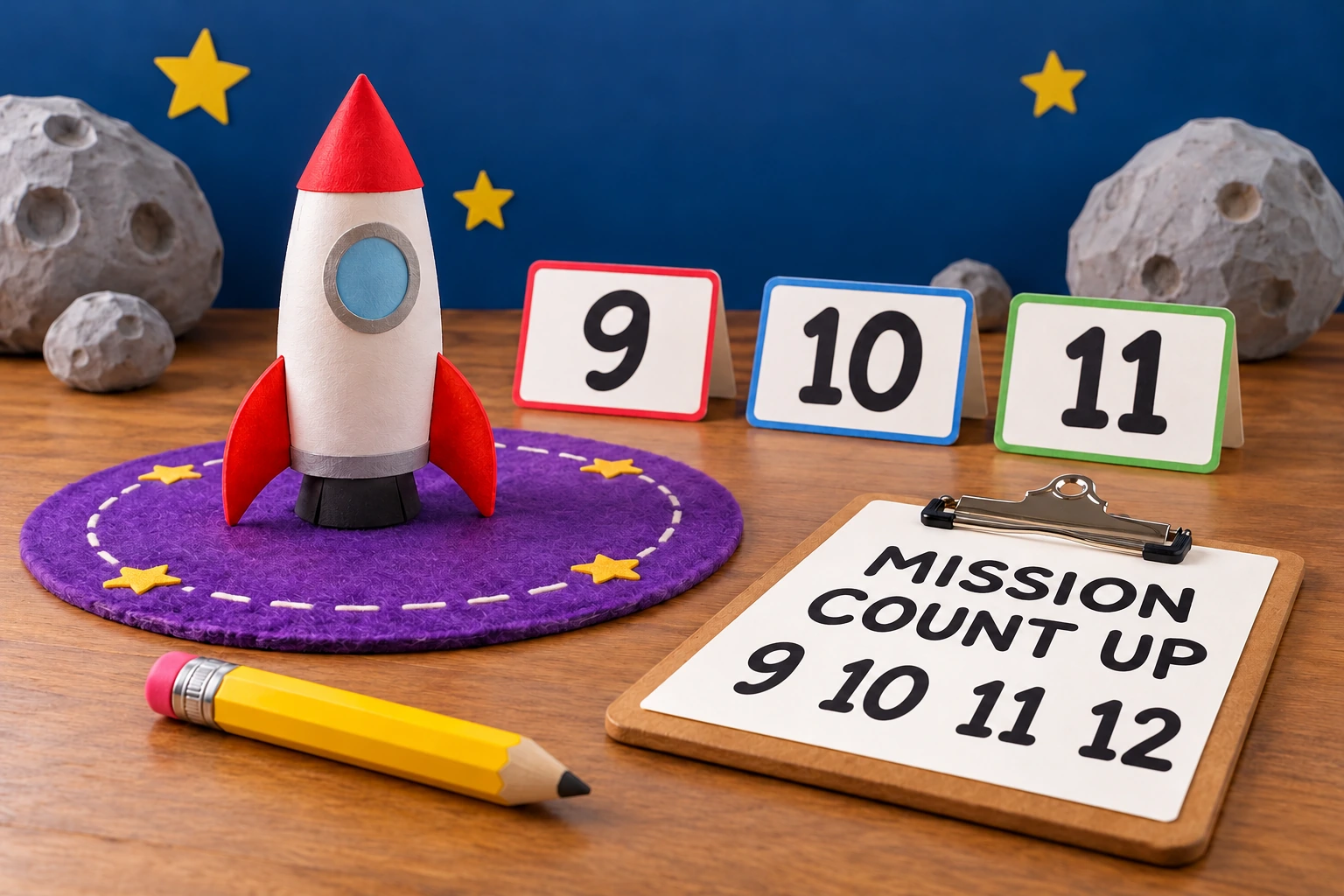 Toy rocket beside cards 9, 10 and 11 and a MISSION COUNT UP clipboard