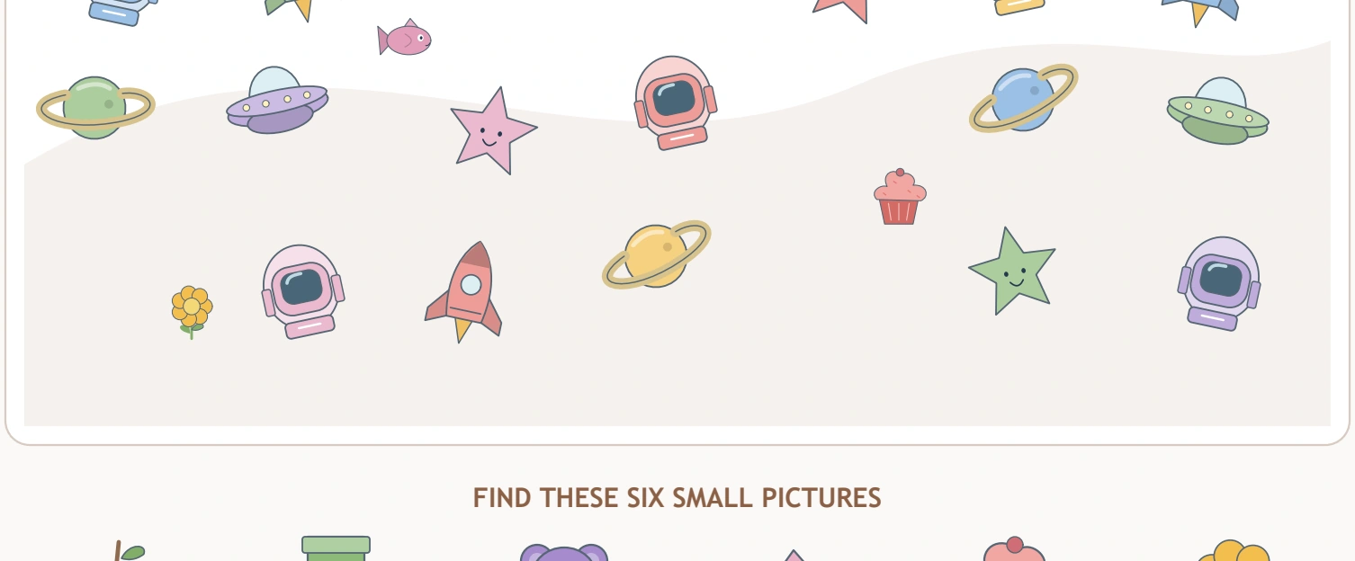The lower space scene contains fish, cupcake and flower targets among space decorations.
