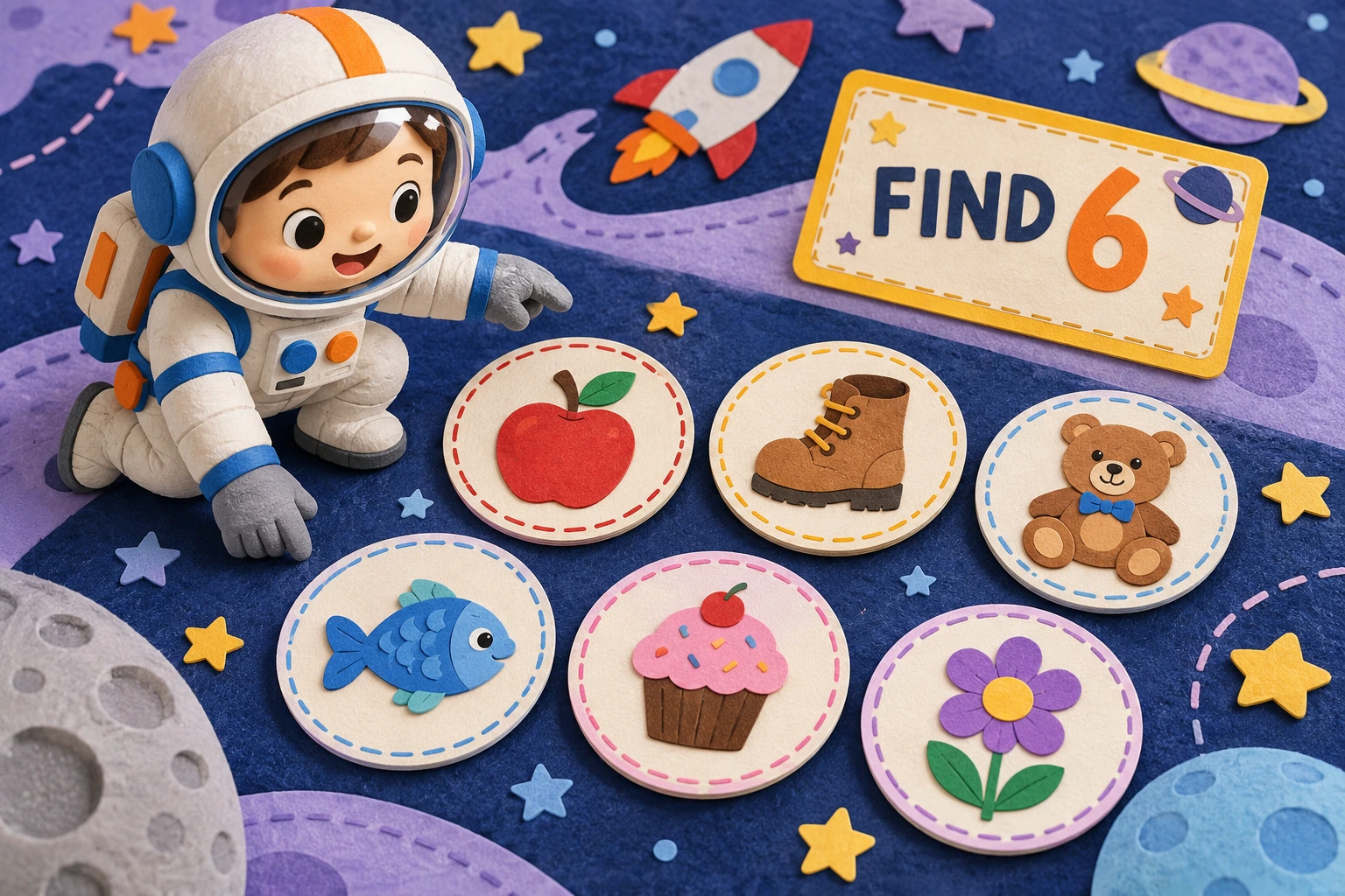 A FIND 6 mission card accompanies apple, boot, teddy, fish, cupcake and flower tokens on a space mat.