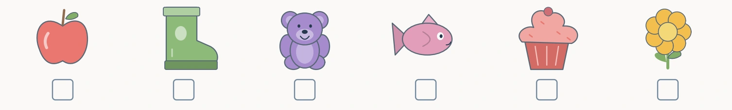 The complete six-target strip shows apple, boot, teddy, fish, cupcake and flower with unticked boxes.