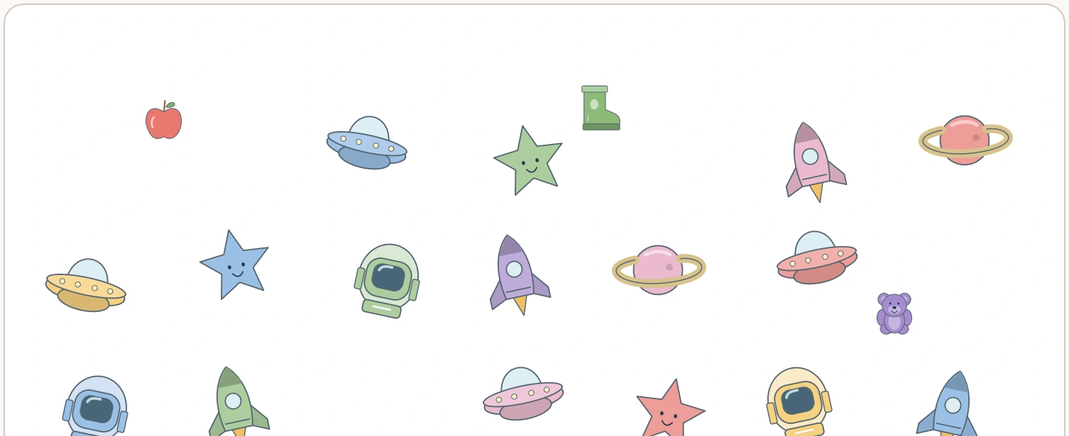 The upper space scene includes apple, boot and teddy targets among rockets, stars and flying saucers.