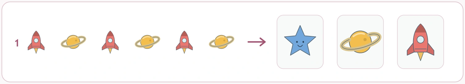 Space Pattern Choices: alternating launch row Row one alternates rockets and planets before three next-picture options.