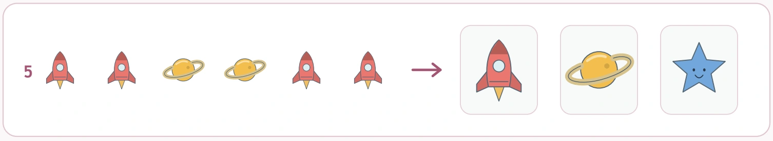 Space Pattern Choices: partly finished double unit Row five ends with two rockets after a rocket-rocket-planet-planet unit.