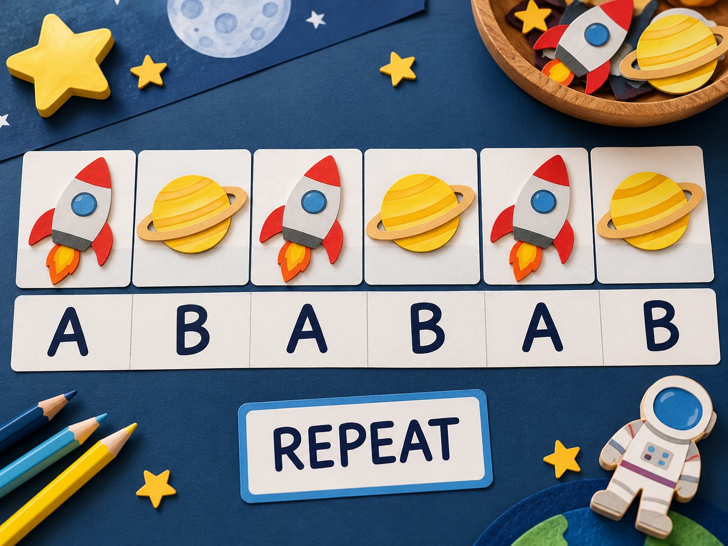 Space Pattern Choices hands-on supporting demonstration A complete rocket-planet repeat and its A-B code