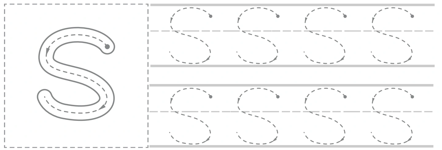 Ss uppercase panel with a large S guide and eight smaller capital tracing forms