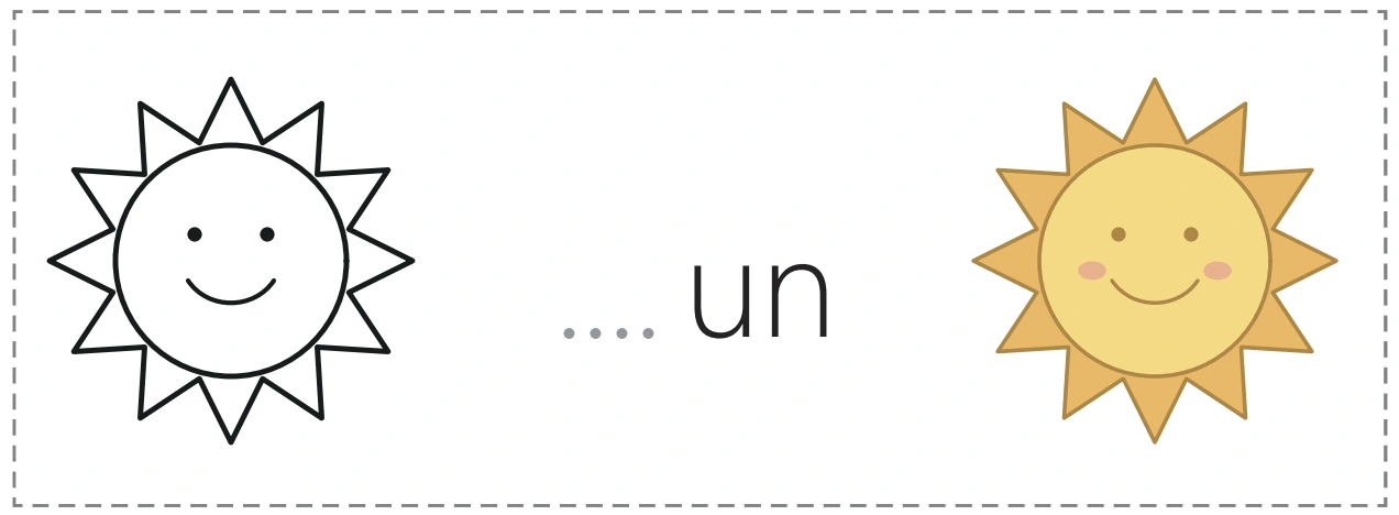 An outline sun, an unfinished sun word and its colored picture partner
