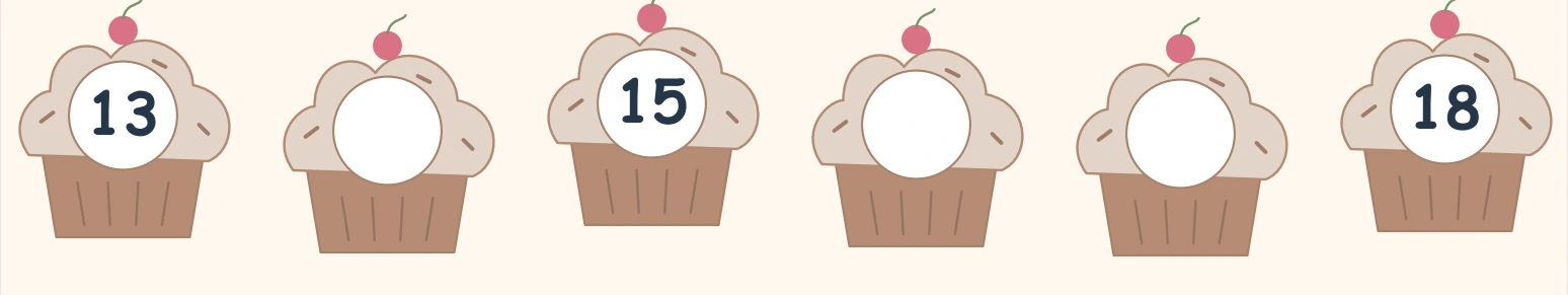 Brown cupcakes showing 13, 15 and 18 with gaps at 14, 16 and 17