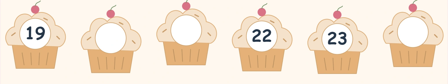 Orange cupcake row with printed 19, 22 and 23 and an empty final center