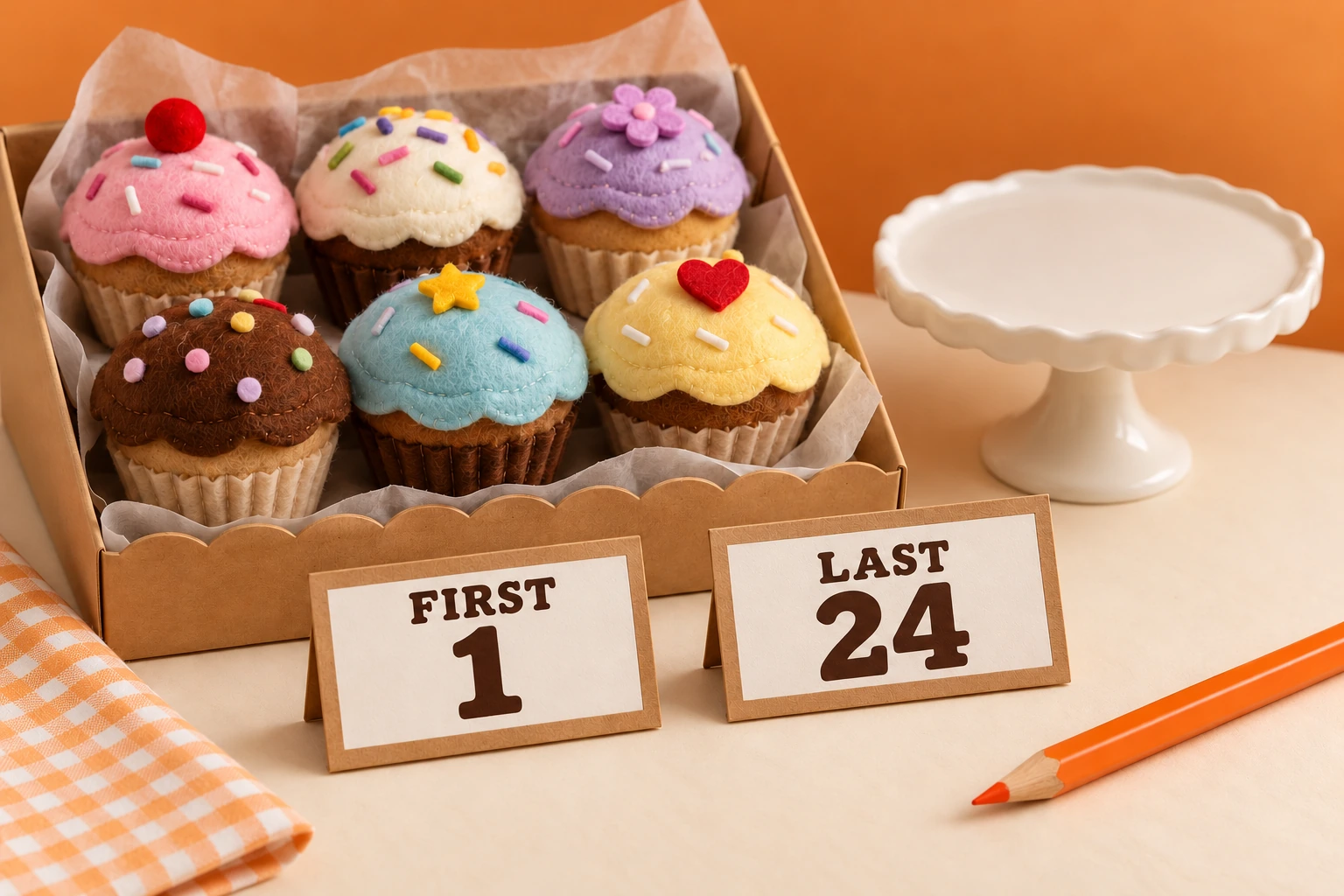 Craft cupcakes beside tags reading FIRST 1 and LAST 24