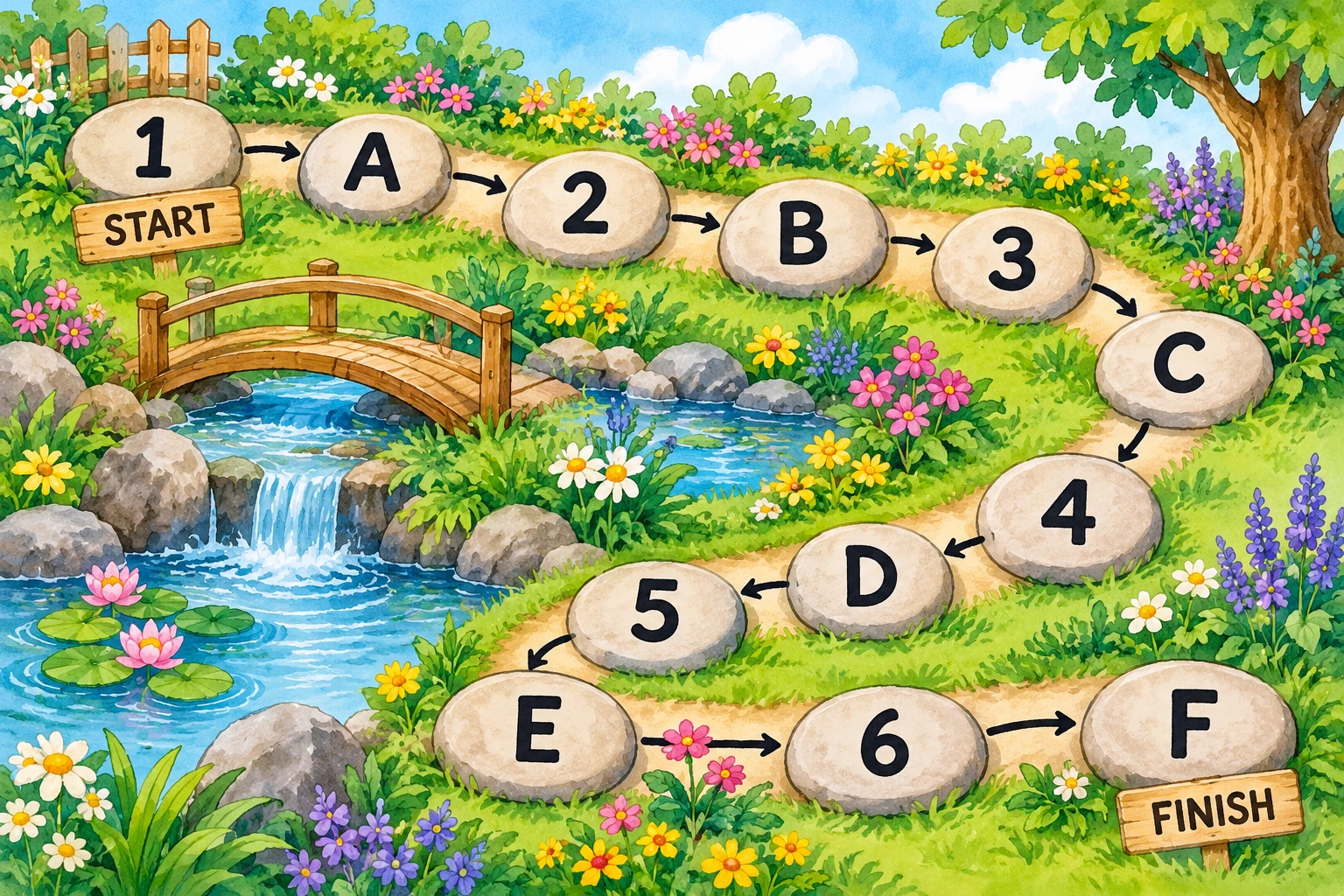 Number Letter Switching additional play illustration Twelve labelled stepping stones alternate numbers and capitals from 1 to F.