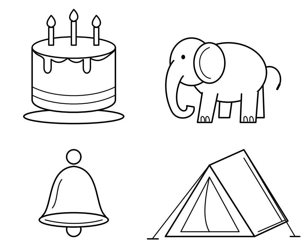Four original picture options showing cake, elephant, bell and a tent in the lower-right position