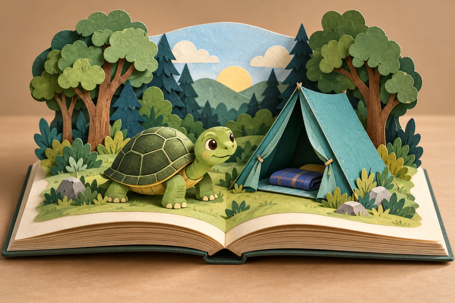 Open pop-up book with a green turtle beside a teal paper tent and folded mat in a woodland scene