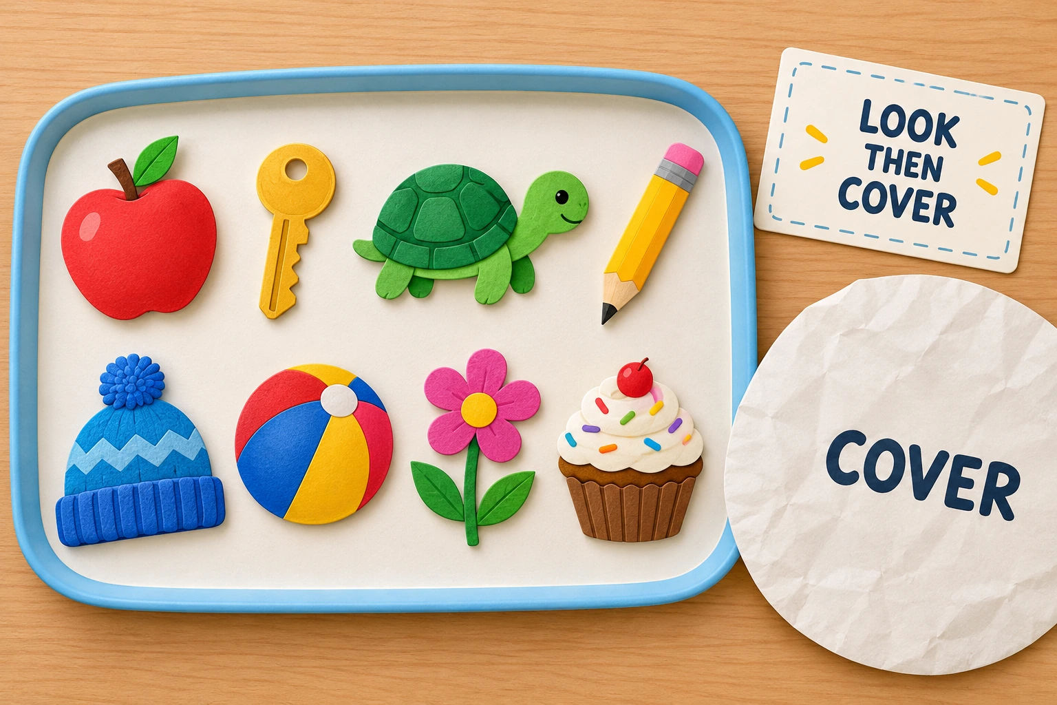 Teddy Tray Recall additional play illustration Eight named objects form a memory tray with a separate cover card.