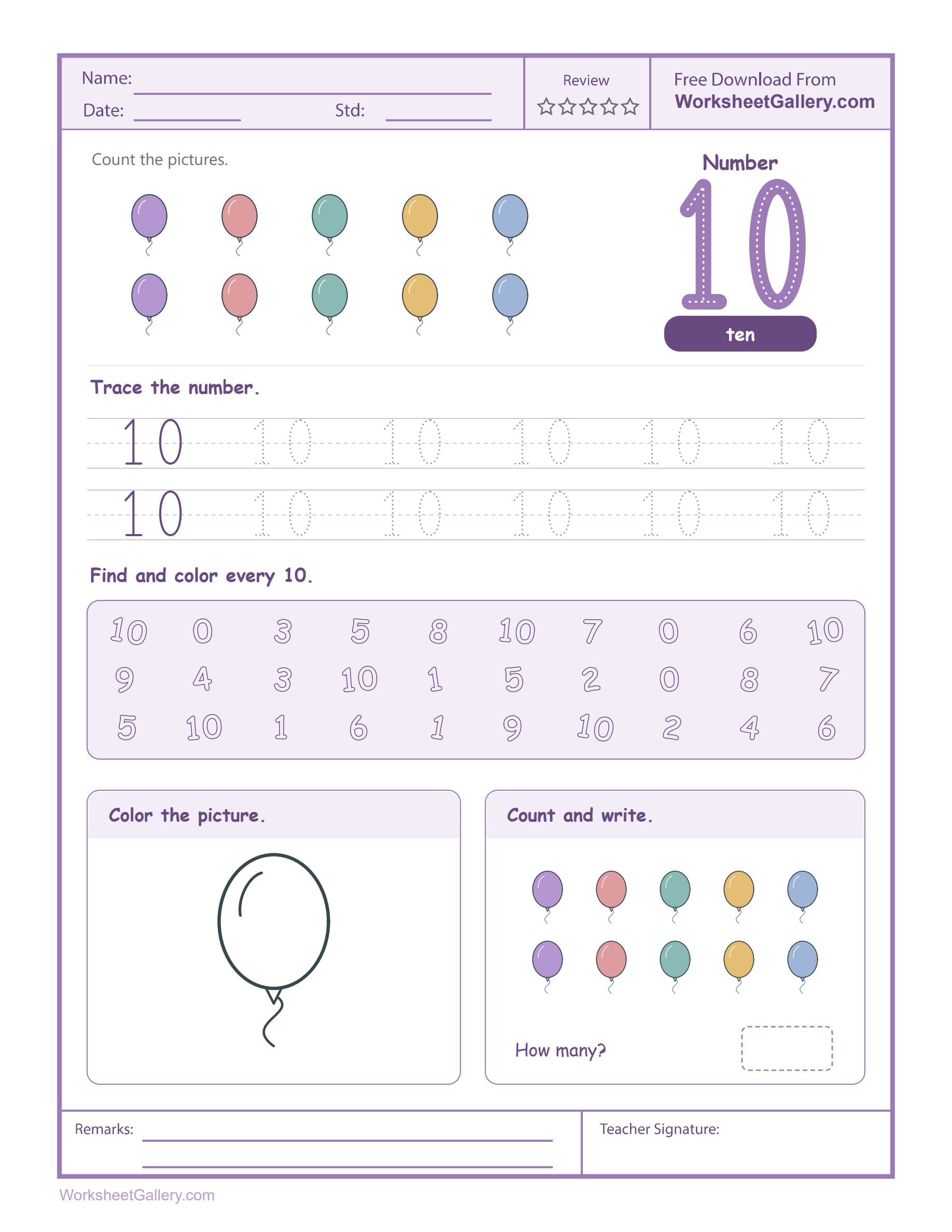 Number 10 Worksheet: 5 Powerful Balloon Party Wins