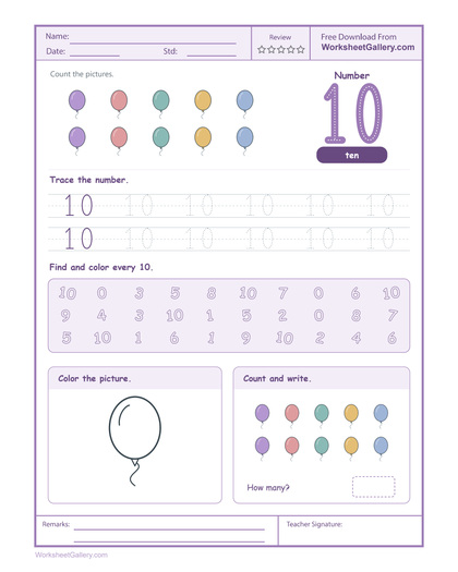 Number 10 Worksheet: 5 Powerful Balloon Party Wins
