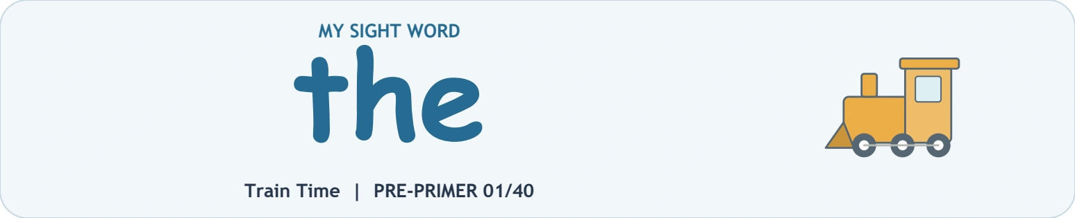 Three printed letters name the focus before the train activity Blue the model beside a small train illustration